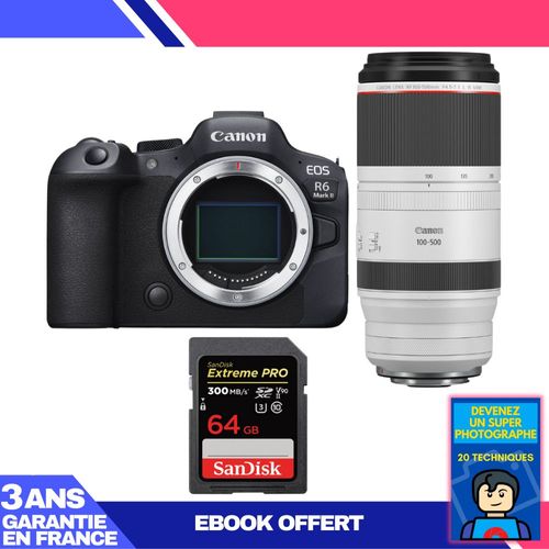 Boitier Canon EOS R6 Mark II + RF 100-500mm f/4.5-7.1 L IS USM + 1 SanDisk 64GB Extreme PRO UHS-II SDXC 300 MB/s + Ebook 'Devenez Un Super Photographe'
