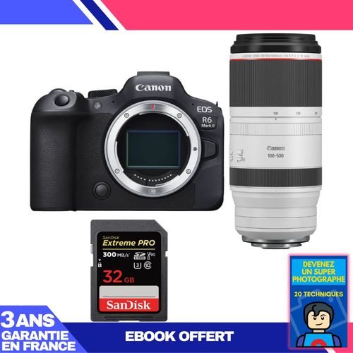 Boitier Canon EOS R6 Mark II + RF 100-500mm f/4.5-7.1 L IS USM + 1 SanDisk 32GB Extreme PRO UHS-II SDXC 300 MB/s + Ebook 'Devenez Un Super Photographe'
