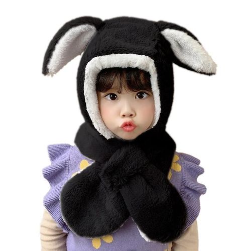 Écharpe Chapeau Ensemble Peluche Oreille Cap Mignon Dessin Animé Vêtements D'extérieur Cache-Cou Hiver Extérieur Portant Noir