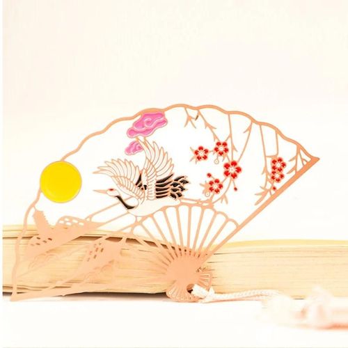 Marque-page en métal et de style chinois en éventail pliant avec pompon de style ancien culturel et innovant pour une utilisation dans les cadeaux en or rose