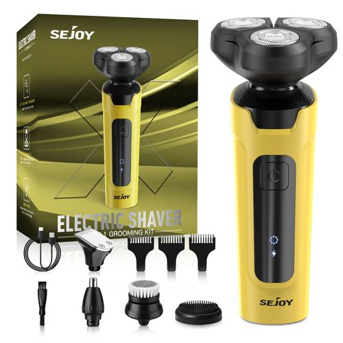 Sejoy Rasoir Électrique Hommes 3d Flottante Rechargeable 5 En 1 Tondeuse Barbe&nez, Brosse De Nettoyage De Visage, Ipx7 Étanche - Jaune