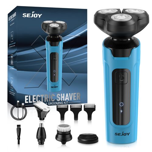 Sejoy Rasoir Électrique Hommes 3d Flottante Rechargeable 5 En 1 Tondeuse Barbe&nez, Brosse De Nettoyage De Visage, Ipx7 Étanche - Bleu Lac