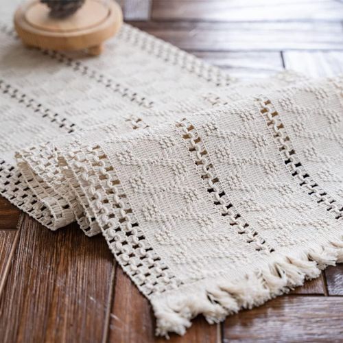Macramé Chemin De Table Boho Beige Avec Glands Chemin De Table En Coton Tissé À La Main Chemin De Table Rustique De Ferme Pour Table À Manger De Cuisine Bohème(30x120cm)