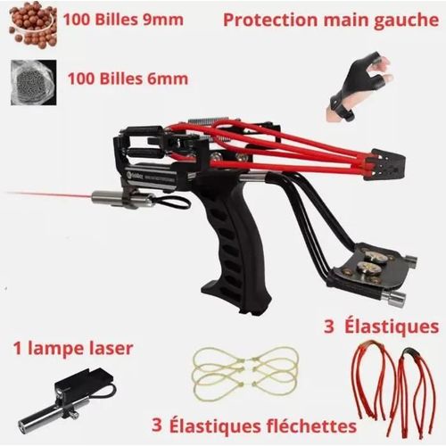 Fronde Lance-Pierre Pro En Alu + Lampe + Laser + 200 Billes + Accessoire