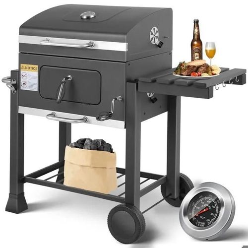 Barbecue au Charbon de Bois - Grill XXL - Couvercle - Étagère Latérale - Thermomètre - Évent Réglable