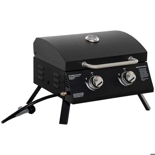 Barbecue Gaz de Table Transportable - Pieds Pliables - 2 brûleurs 5 KW - Grille de Cuisson - Réceptacle Graisse + Thermomètre - Acie