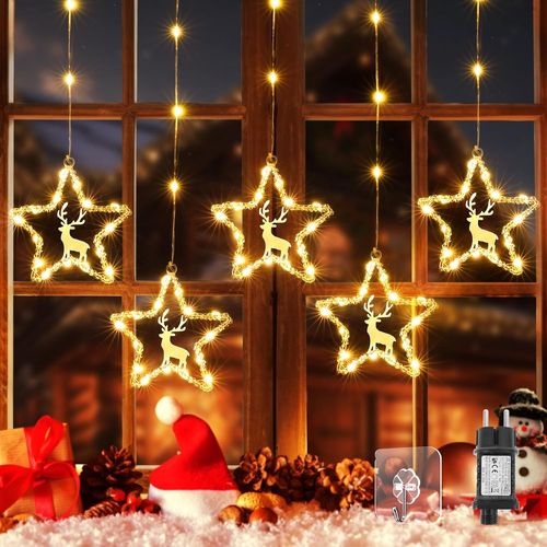 Hamiltion-Rideau Lumineux Noël, 8 Mode Etoile Lumineuse Noel Avec Renne Ip44 Étanche 94Led Guirlande Lumineuse Rideau Électrique Pour Décoration Fenetre Mariage Fête Intérieur Extérieur, Blanc Chaud