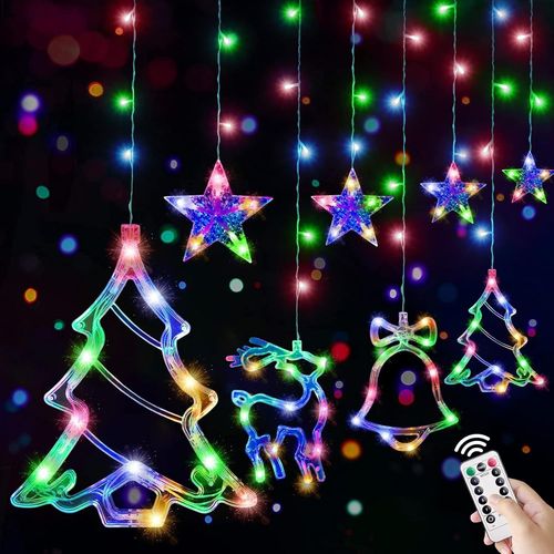 Hamiltion-Rideau Lumineux De Noël, Rideau Lumineux 138 Led, 3.3M Guirlande Lumineuse Noël Étoile Renne Sapin Intérieur Extérieur 8 Modes (Colorées)