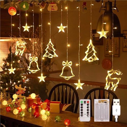 Hamiltion-Rideau Lumineux De Noël, Guirlandes Lumineuse Fenêtre Renne Sapin Cloche, 3.5M 120 Led 8 Modes Noël Fenêtre Lumineux Étoile Ip44 Pour Exterieur Interieur Chambre Fenetre Mariage Noël Déco