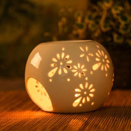 Brûleur d'arôme rond avec motif floral creux, bougeoir à huile essentielle, lampe à huile, parfum, décoration d'intérieur, document blanc
