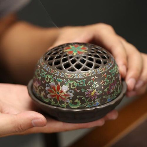 Brûleur d'encens en céramique et céramique émail aromathérapie rétro Lotus bobine porte-encens en bois de santal pour décoration de maison Zen