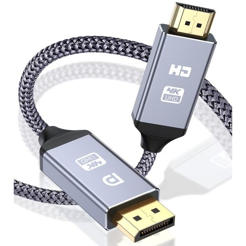 Câble DisplayPort vers HDMI 4K, Display Port HDMI, DP vers HDMI Cable Adaptateur en Nylon Tressé Compatible avec Ordinateur, AMD, Lenovo, HP, Dell, Asus et Autres (1.5m, gris)