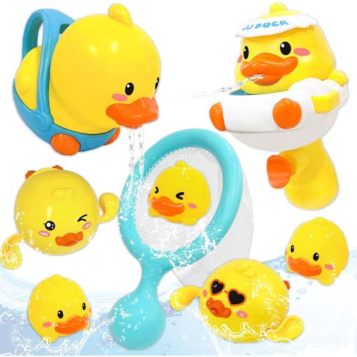 9pcs Jouets De Bain,Jouets De Bain 3 Ans Et Plus Avec Canard Remontable,Filet De Pêche,Sac De Rangement,Canard Pistolet À Eau Jouets Aquatiques Enfants Pour Garçons Et Filles