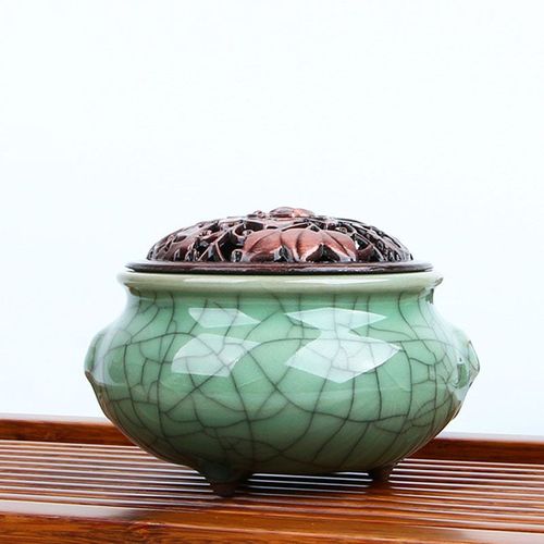 Celadon Geyao ? brûleur d'arôme de glace, encensoir en céramique avec couvercle Floral creux, pour décoration de maison