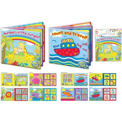 Livres de bain pour bébé avec revêtement en plastique,Jouets éducatifs amusants pour les tout-petits et les enfants (lot de deux livres),Premier pas,Chiffres dans la jungle,Comptez et voyagez