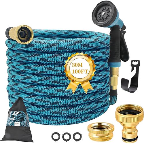 Tuyau d'arrosage extensible avec buse à 10 fonctions et raccords en alliage de cuivre, système d'arrosage télescopique durable 3 x pour la maison, la voiture et le jardin (30,5 m)