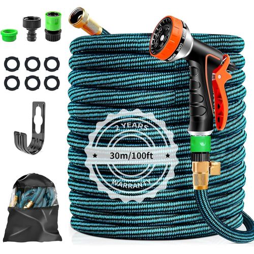 Tuyau d'Arrosage Flexible 30M/100FT Ultra-Résistant ¿ 4 Couches en Latex Renforcé avec Buse Multifonction 10 Modes + Raccord Universel (3/4"" et 1/2"") ¿ Pour Arrosage, Lavage et Jardinag