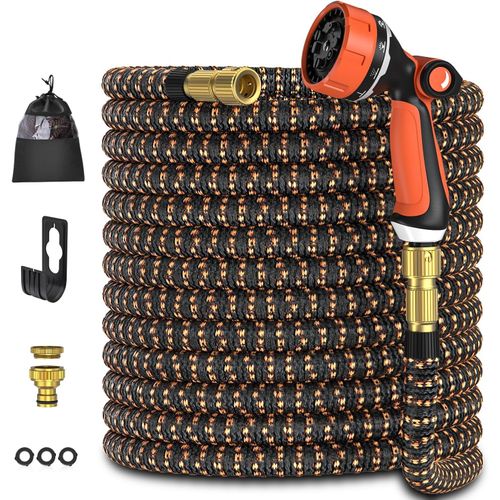 Tuyau d'arrosage 15m, ULTTY Tuyau d`arrosage Extensible avec 1/2"" et 3/4"" (19mm et 13mm) Adaptateurs, 10 Modes d'Arrosage, Latex Triple Épaisseur Durable avec Raccords en Laiton et Sac, Orange