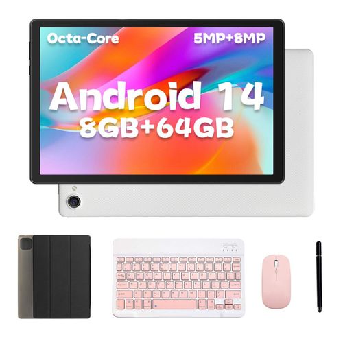 Tablette 10 pouces Android 14 Processeur Octa-Core, 8 Go + 64 Go de stockage/1 TB d'extension, Écran Tactile IPS HD 1280x800, Double caméra 5MP+8MP, BT5.3 avec clavier, souris, stylet et étui (Blanc)
