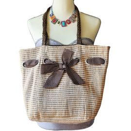 Sac à bandoulières tissu ficelle tons marron beige et blanc TBE