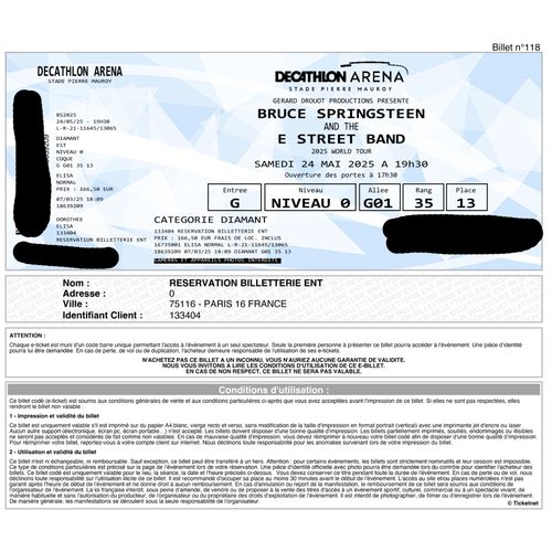 2 Places Pour Le Concert De Bruce Springsteen À Lille 24 Mai 2025 Catégorie Diamant