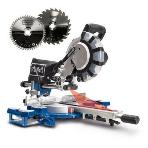 Scheppach Scie à onglet radiale HM216SPX - 2000 W - Ø 210 mm - 4800 tr/min - 65 cm hauteur de coupe - 34 cm largeur de coupe - Avec laser, supports en alu - Table mobile - 2 lames fournies