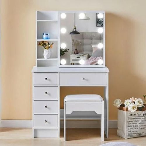 Coiffeuse Avec Miroir Et Ampoules Led, Table De Maquillage, Miroir Coulissant Et Tabouret, Avec 5 Tiroirs Et 4 Compartiments De Rangement