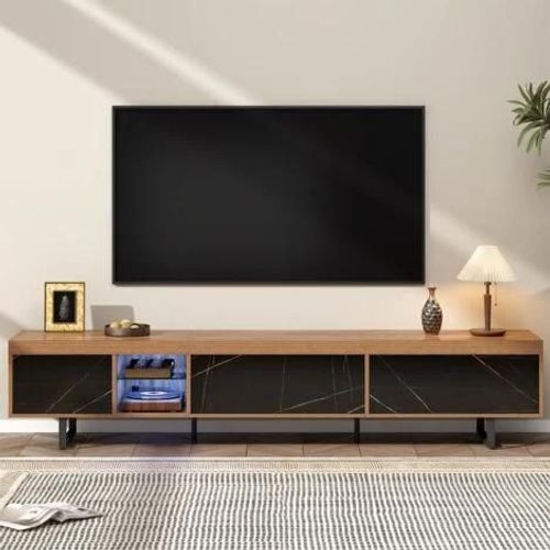 Meuble Tv 190 Cm, Avec Led, 3 Portes De Rangement, Motif Marbre, Étagère En Verre, Pieds En Métal, Scandinave, Meuble De Salon En Bois - Noir