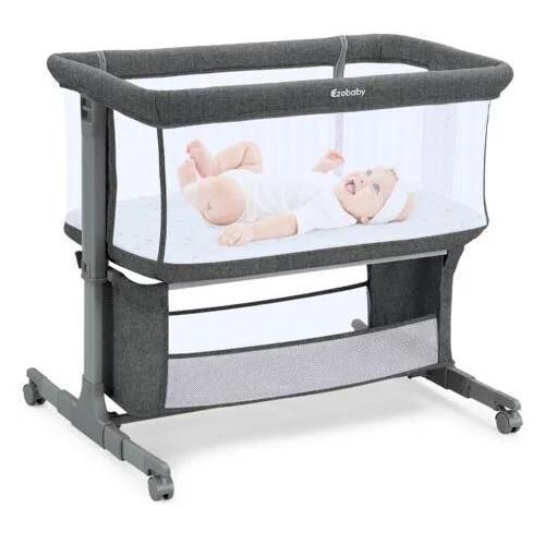 Ezebaby Lit Bébé Cododo 3 En 1,Lit Parapluie À 10 Kg,Hauteur Réglable 7 Niveaux,Avec Matelas,Côté Repliable,Maille Respirante - Gris Foncé
