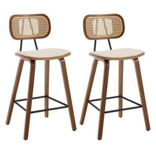 Tabouret De Bar Moderne Lot De 2 Chaise De Bar Bois Et Dossier Rotin Tabouret Haute Bar Pied Bois Massif Chaise Bar Bois Pour Central Îlot/Cuisine, Beige