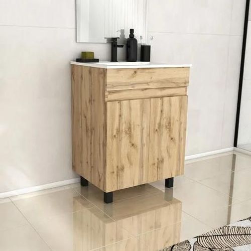 Meuble De Salle De Bains 60cm 2 Portes_Chêne Industriel + Vasque Céramique Blanche - Timber 60