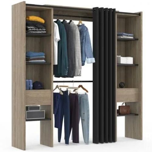 Dressing Extensible Double Meryl 120/180 X 50 X 180 Cm Hêtre Avec Étagères Hêtre + Double Penderie + Rideau Noir
