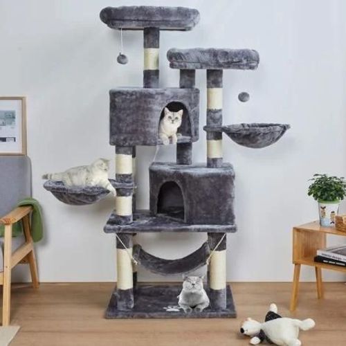 Arbre À Chat Stable À Plusieurs Niveaux Pour Grands Chats Avec Grande Grotte, 145 Cm, Gris Clair