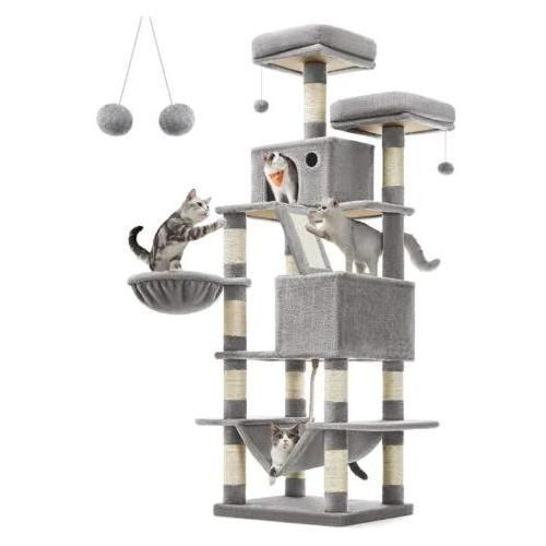 Arbre À Chat, Hauteur 168 Cm, Avec 13 Griffoirs, 2 Plate-Forme, 2 Niches, Panier, Hamac, Pompon, Tissu Peluche, Multi-Niveaux Pour Chat D'intérieur, Gris Clair