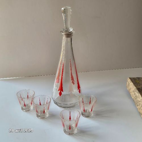 Magnifique Service À Liqueur Des Années 50 , Carafe À Bouchon Et 4 Verres Shot, Excellent État, Vintage