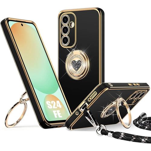 Coque Pour Samsung Galaxy S24 Fe, Silicone Souple Anti-Rayures Avec Anneau Motif Coeur Et Cordon - Noir - E.F.Connection