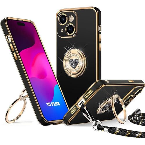 Coque Pour Iphone 15 Plus, Protection Silicone Ultra Slim Avec Cordon Et Anneau Brillant Rotatif - Noir - E.F.Connection