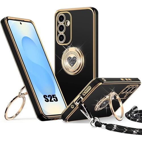 Coque Pour Samsung Galaxy S25, Protection Souple Tpu Slim Avec Anneau Rotatif Motif Coeur Et Cordon - Noir - E.F.Connection