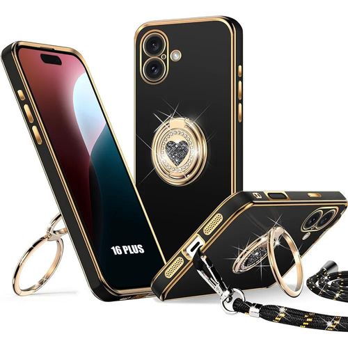 Coque Pour Iphone 16 Plus, Silicone Ultra Slim Souple Léger Avec Cordon Et Anneau Rotatif - Noir - E.F.Connection