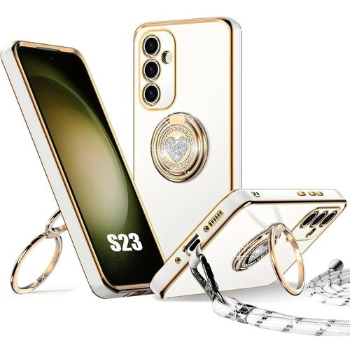 Coque Pour Samsung Galaxy S23, Silicone Souple Anti-Rayures Avec Anneau Motif Coeur Et Cordon - Blanc - E.F.Connection