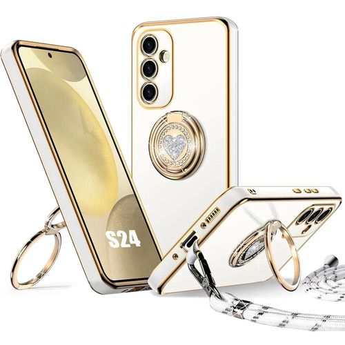 Coque Pour Samsung Galaxy S24, Protection Souple Tpu Slim Avec Anneau Rotatif Motif Coeur Et Cordon - Blanc - E.F.Connection