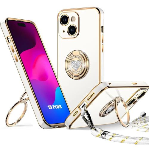 Coque Pour Iphone 15 Plus, Silicone Souple Anti-Rayures Avec Anneau Motif Coeur Et Cordon - Blanc - E.F.Connection