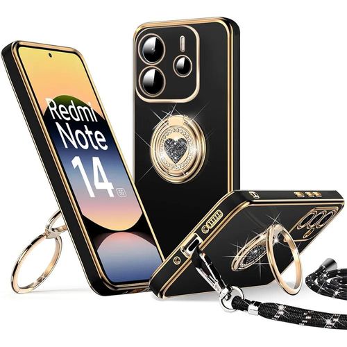 Coque Pour Xiaomi Redmi Note 14 5g (Pas Pour 4g) Silicone Ultra Slim Souple Léger Avec Cordon Et Anneau Rotatif - Noir - E.F.Connection