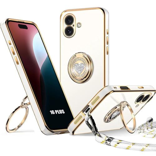 Coque Pour Iphone 16 Plus, Protection Silicone Ultra Slim Avec Cordon Et Anneau Brillant Rotatif - Blanc - E.F.Connection