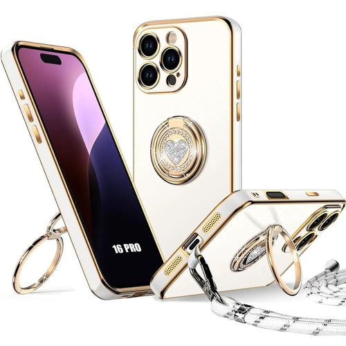 Coque Pour Iphone 16 Pro, Protection Ultra Slim Silicone Avec Anneau Motif Coeur Et Cordon - Blanc - E.F.Connection