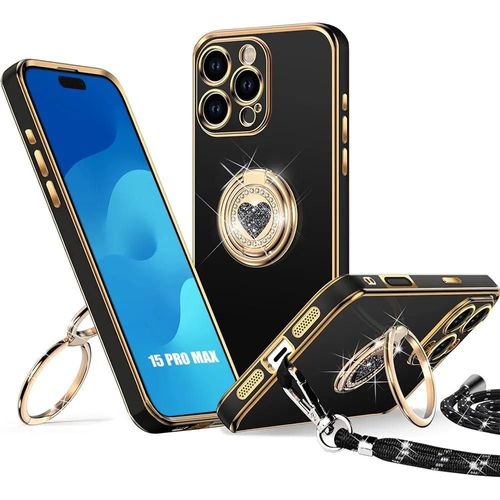 Coque Pour Iphone 15 Pro Max, Protection Silicone Souple Antichoc Avec Anneau Et Cordon - Noir - E.F.Connection