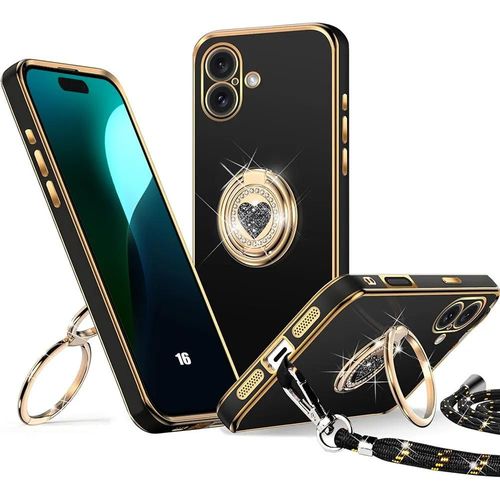 Coque Pour Iphone 16, Silicone Ultra Slim Souple Avec Cordon Et Anneau Rotatif Brillant Motif Coeur - Noir - E.F.Connection