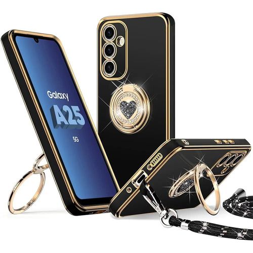 Coque Pour Samsung Galaxy A25 5g, Protection Ultra Slim Silicone Avec Anneau Motif Coeur Et Cordon - Noir - E.F.Connection