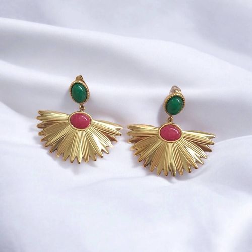 Jolies Boucles D Oreilles Eventail En Acier Inoxydable Dorees Et Pierres Rose Et Verte