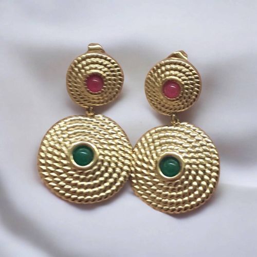 Boucles D'oreilles Rondes En Acier Inoxydable Et Pierre Rose Et Verte Originale